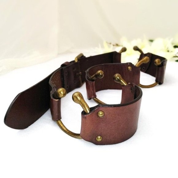 Handmade Belt Brown Genuine Leather Brass Tongue Buckle Antiqued Horseshoe Links - Picture 7 of 13